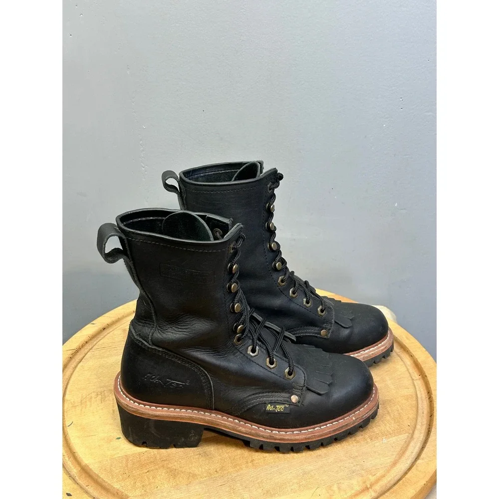 AD-Tec Work Boots Mens 7 Black Leather Kiltie Logger High Top‎ Lug Sole Rugged